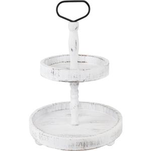 2 Tiered Tray Rustic Farmhouse Decorative Tray Stand Wooden Round Serving Trays for Coffee Food Home Table Decor Holiday Display Vintage Christmas Decors (White)