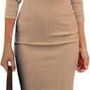 PRETTYGARDEN Women's Long Sleeve Midi Bodycon Dresses Casual Crewneck Cut Out Ribbed Knit Fitted Pencil Dress (L)