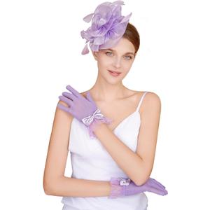 Fascinators Hat Flower Mesh Feathers Headband Derby Hat Clip Tea Party Headwear and Lace Gloves with Bows for Women