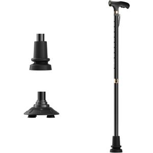 Walking Cane for Men/Women, with LED Light, Convertible Base, Height Adjustment and Foldable Walking Stick, with Integrated Stand-Assist Handle& Ergonomic Contoured Grip for Senior