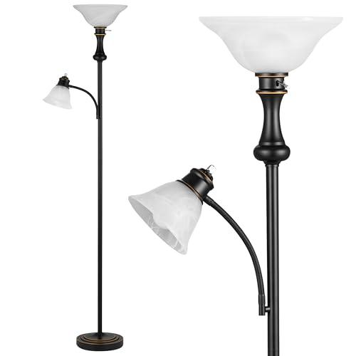 Leasgy 71'' Floor Lamps for Living Room, Tall Floor Lamp for Bedroom with Adjustable Angle Arc Reading lamp, Modern Torchiere Standing lamp with Glass Shade, Knob Switch, Bulb Included, Black