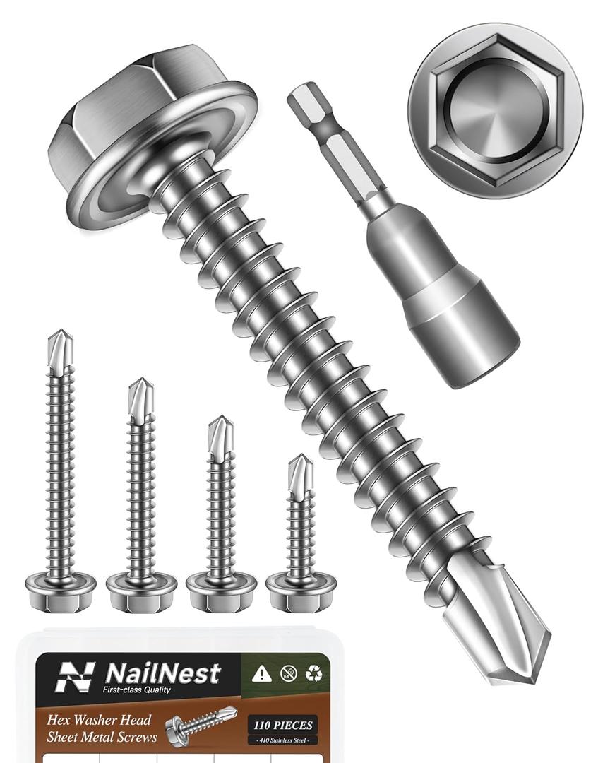 110PCS #8 Self Drilling Screws Assortment Kit, 5 Common Size Self Tapping Screws for Metal, 410 Stainless Steel Hex Washer Head Sheet Metal Screw, Bright Finish (Silver)