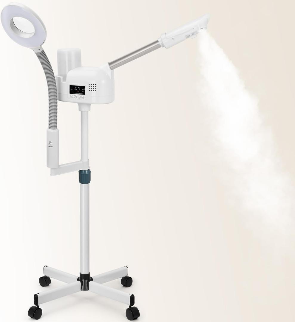 Professional Facial Steamer with 5X Magnifying Lamp, 2 in 1 Facial Steamer Upgrade PTC Heating, Esthetician Steamer Black Face Steamer for Salon Spa Beauty Skin Care (White)