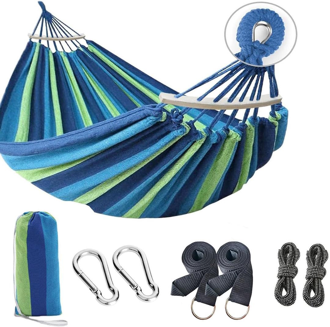 Hammocks for OutsideThickened Double hammocks Upgraded Thickened Canvas with Two Anti Roll Balance Beam and Sturdy Metal Knot Tree Straps 770lb Upgraded for Camping, Patio, Backyard, Outdoor (Blue)