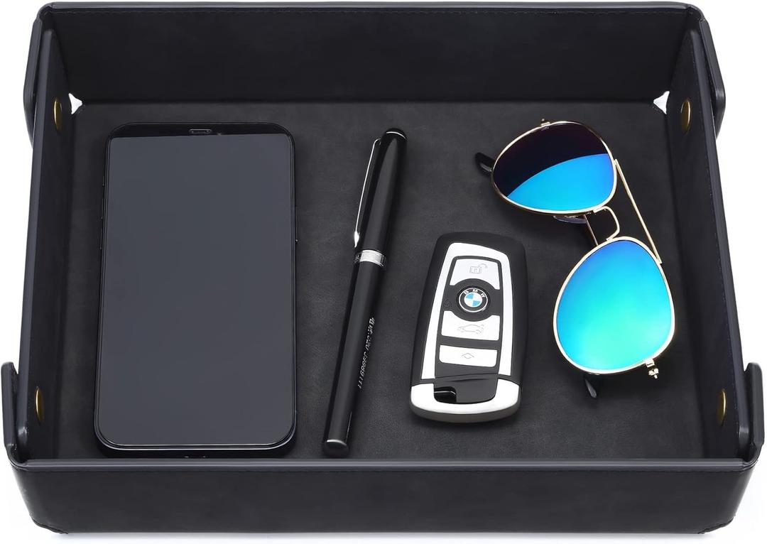 CASIRENA Faux Leather Valet Tray Organizer for Men - Catch-All Tray for Entryway Table Key, Wallet, Watch, Coin Change, Phone, Dresser EDC Dump Jewelry, Bedside Nightstand Desk-top (Rectangle, Black)