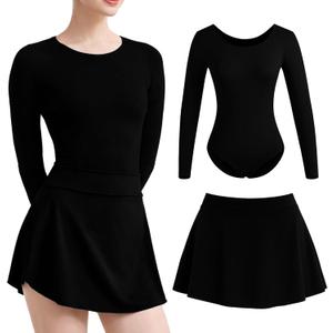 WYHDY Women Ballet leotard with Pull on Skirt,Round Neck Long Sleeve (Large, Black)