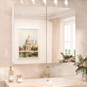 TokeShimi 30x26 Medicine Cabinet Mirror with Storage Tempered Aluminum Recessed or Wall Mounted Cabinet White with Stepless Adjustable Metal Shelves for Bathroom Vanity Modern Farmhouse