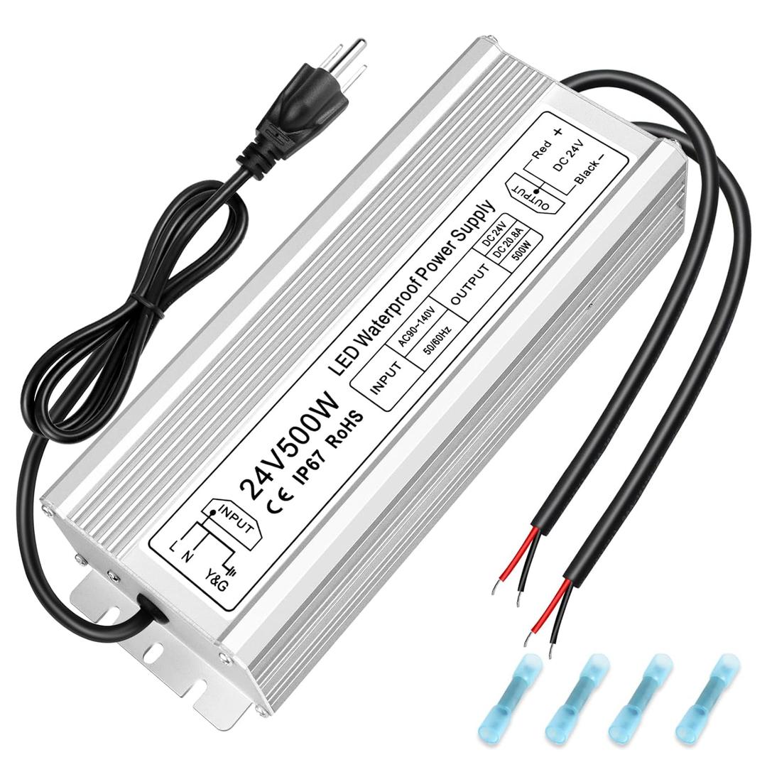 inShareplus 24V 500W LED Power Supply, IP67 Rainproof Waterproof Outdoor Driver,AC 90-140V to DC 24V Low Voltage Transformer, Adapter Converter for LED Light, Computer Project, Outdoor Use