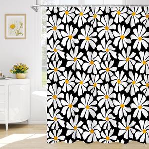 Litabel Black Daisy Floral Shower Curtain, Boho Spring Flower Shower Curtain for Girly Bathroom, Modern Minimalist White Waterproof Fabric Shower Curtain Set, 72x72 Inch