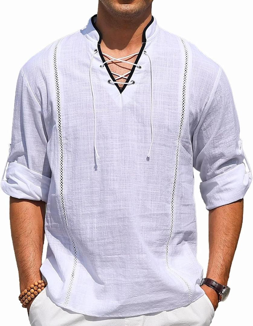 EDITCOZY Men's Pirate Shirt Costume Drawstring Tops Renaissance Viking Medieval Halloween Cotton Linen Shirts White XL (L)