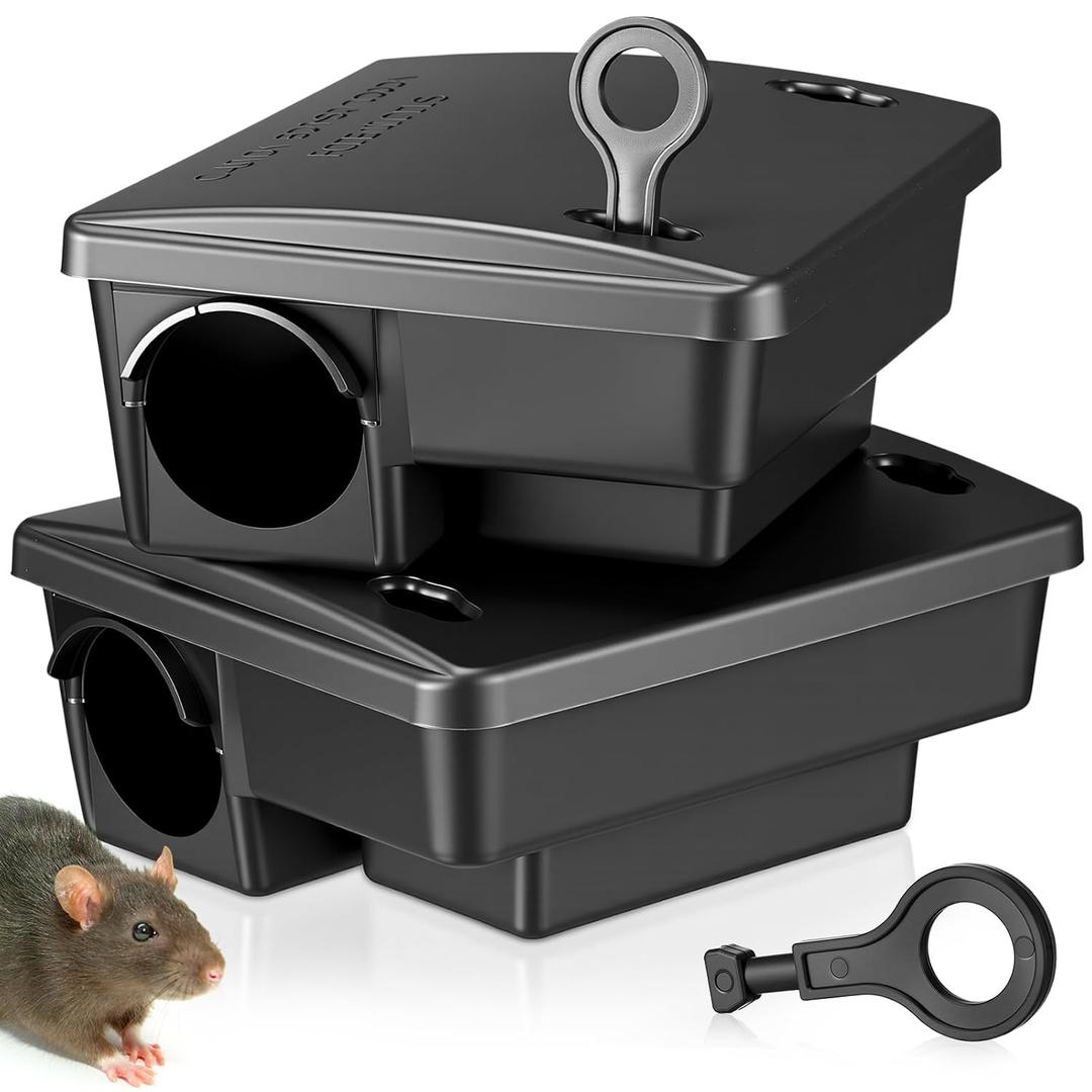 2 Pcs Rat Bait Stations Large Rodent with Key Reusable Mouse Stations Mice Blocks Heavy Duty Boxes for Outdoor Rodents Mice Blocks Station, Bait Not Included, Black (8.66 x 7.5 x 3.9 Inches)