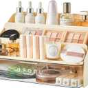 3-Tier Display Riser with Large Detachable Drawer, Plastic Storage Shelf, Perfume and Cologne Organizer Stand, Makeup Organizer for Vanity, Bathroom, Office, Cream White