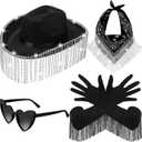 Chuarry 4 Pcs Rhinestone Cowgirl Hat Costume Accessories for Women Cowgirl Hat Sunglasses Bandana Fringe Gloves (Black)