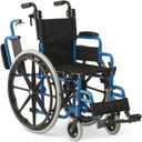 Medline Kidz Pediatric Wheelchair with 14" Wide Nylon Seat with Seat Belt, 150 lb. Weight Capacity, Telescoping Handles, Swing-Back Desk-Length Arms, Swing-Away Footrests with Calf Straps, Blue