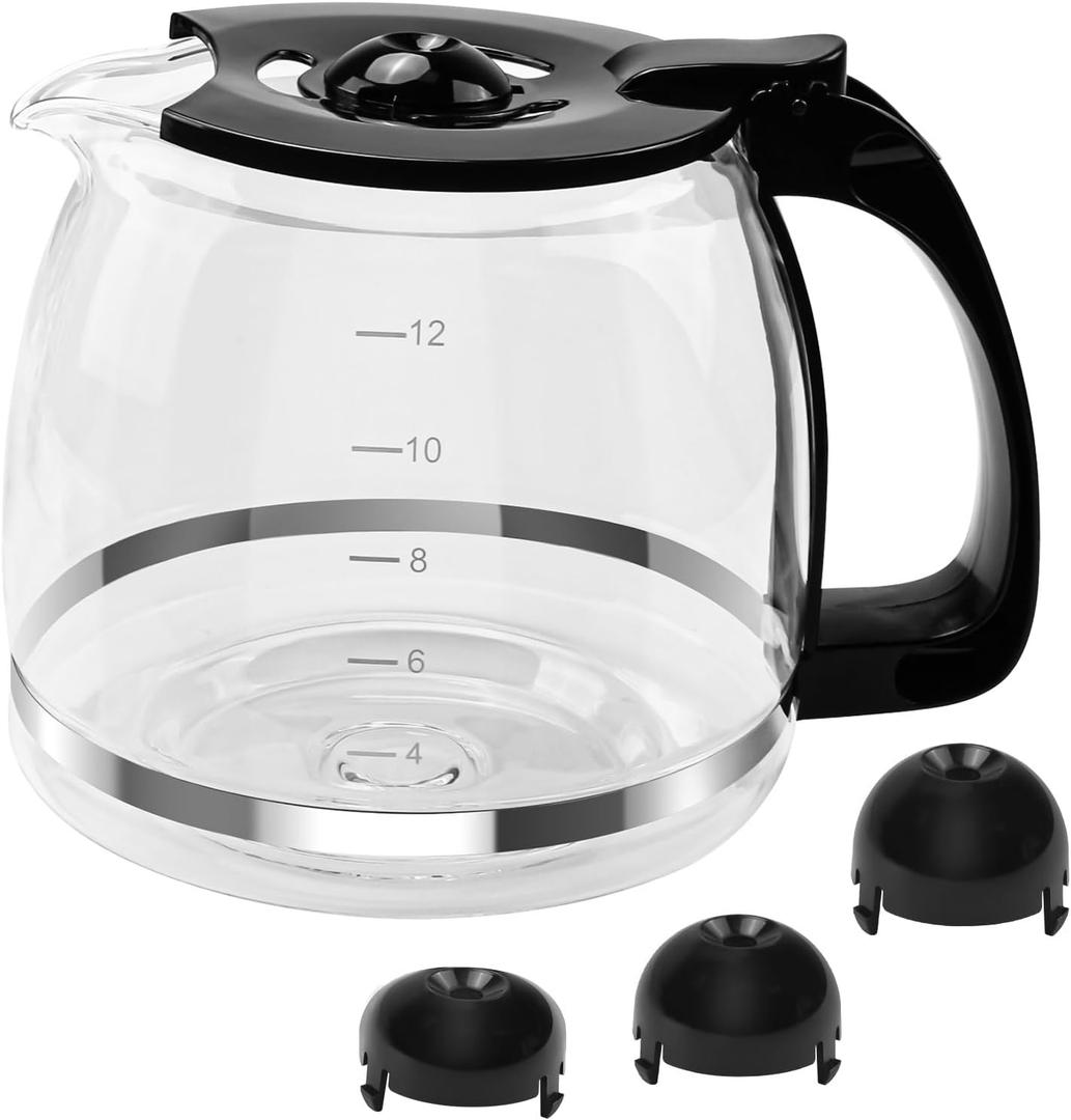 12 Cup Coffee Machine Glass Carafe Replacement for Mr. Coffee - With Heads Three Different Heights, Universal Carafe Coffee Maker Pot Accessory Easy Pour Spout and Comfortable Grip Handle,Black
