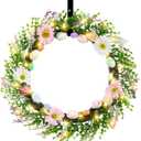 18 Inch Light up Easter Spring Wreath Artificial Flower Wreath with A Hook Colorful Eggs Berries Bow Knot for Front Door Easter Summer Farmhouse Wall Home Window Decor