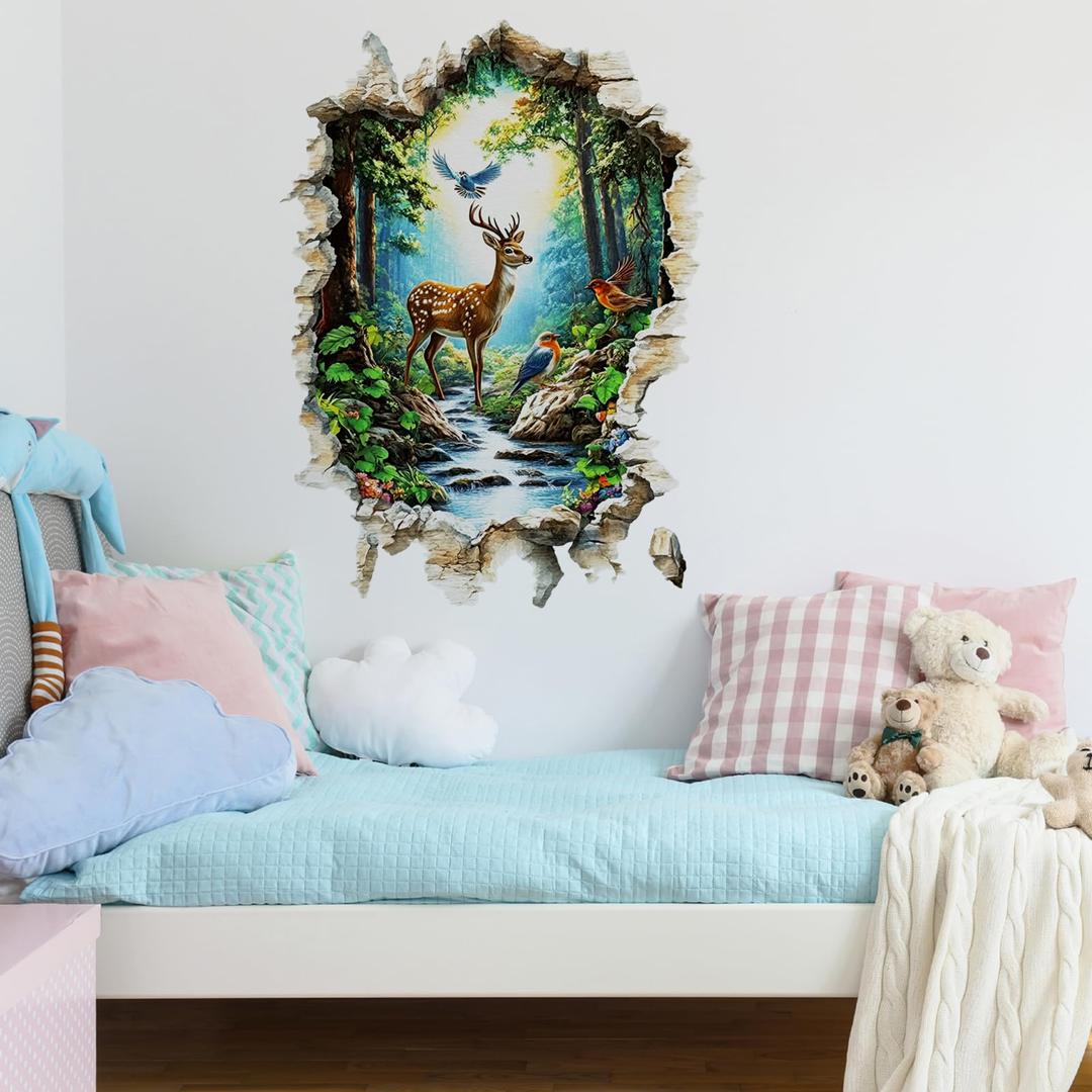 Watercolor Deer Wall Decals with Evergreen Pines Forest Stag Removable Peel and Stick Wall Art for Living Room Bedroom Nursery Classroom Preschool Home Decor