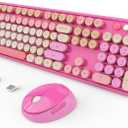 SkyGive Wireless Keyboard and Mouse Combo, Ergonomic Full Size Typewriter Retro Round Keycaps Keyboard, Compatible with Windows, PC, Perfer for Home and Office Keyboards Red