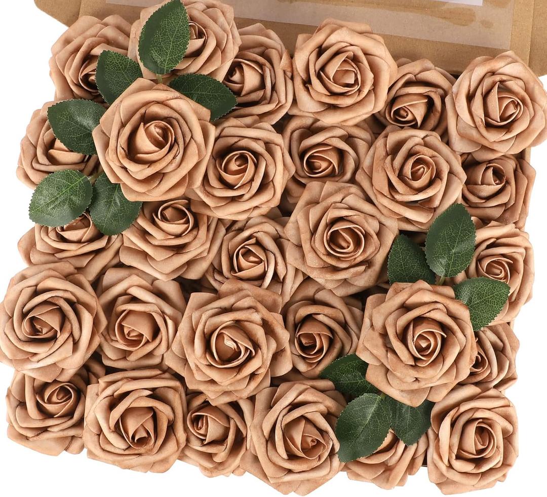 MACTING 30PCS Artificial Flower Roses Fake Flowers with Stem Foam Roses for DIY Wedding Bouquet Table Centerpieces Party Holiday Baby Shower Home Spring Valentines Day Decorations,Light Brown