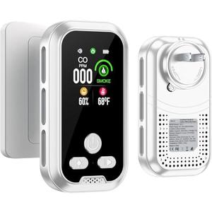 HAKINAKU 4IN1 Plug in Smoke & Carbon Monoxide Detector Combination Builti-in 2000 mAh Backup Battery HD Screen [Smoke CO Temp Humidity Sensor] Alarm for Home Travel Hotel Indoor (White)
