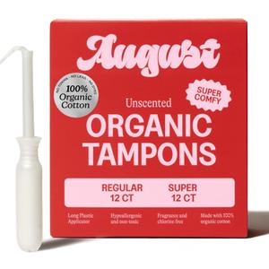 August Super + Regular Tampons - 24-Pack (12 + 12) 100% Organic Cotton Tampons for Women and Anyone Who Menstruates, Non-Toxic, Fragrance-Free, and Hypoallergenic with Long Applicators