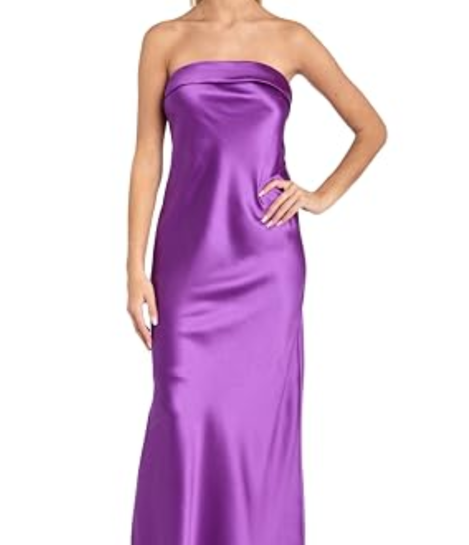 MORGAN AND CO. Juniors' Strapless Satin Long Dress W/Fold Over Neckline & Back Zipper - Formal Evening Cocktail Party Gown Purple Size 1