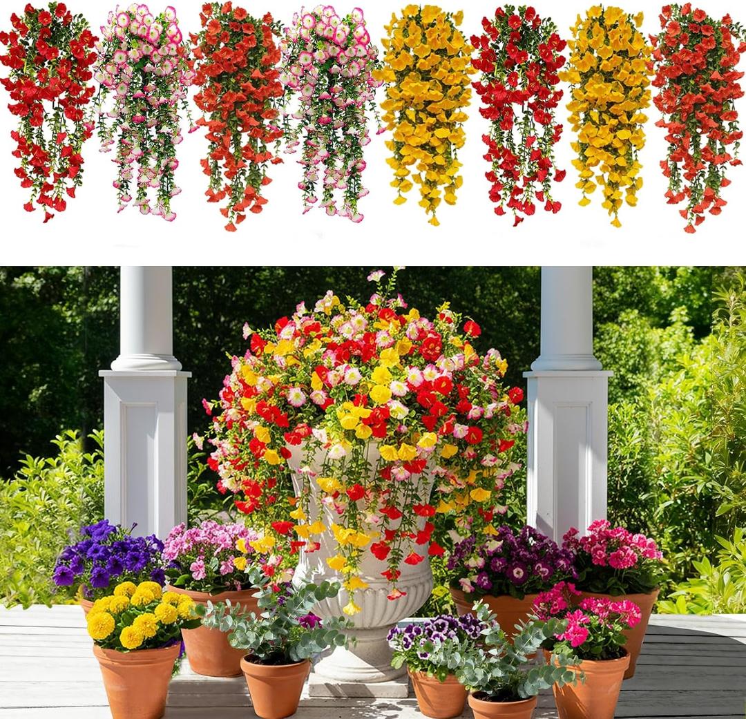 8 Pcs Artificial Hanging Flowers for Outdoors Fake Morning Glory for Home Decoration UV Resistant Mixed Color Greenery and Flowers for Porches Gardens Yard Decor (Warm Color)