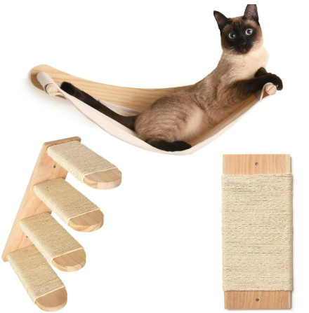 Chasing Tails Cat Wall Shelves - Four Step Cat Shelf with Scratch Board, Mounted Cat Shelves, Sturdy Cat Wall Furniture for Indoor Cats, Kittens - Extra Cat Wall Hammock Cover Included