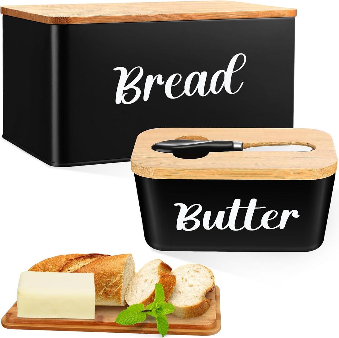 Hushee Metal Bread Box and Butter Dish with Bamboo Cutting Board Lid and Knife Bread Storage Container Breadbox for Kitchen Counter Butter Organizer for Kitchen Countertop Decoration(Black)