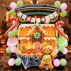 Candy Trunk or Treat Car Suv Decorations with String Lights Spider Web backdrop Banner Gingerbread Man Candy balloon Kit Halloween Trunk or Treat Decoration for Candyland Party Supplies (Pink and Green)