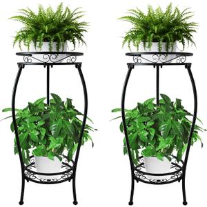 CASIMR 2Pack Plant Stand Indoor Outdoor, 2 Tier 26.6" Tall Metal Potted Holder Rack Multiple Flower Pot Stand Heavy Duty Plant Shelf Rustproof Iron Plant Round Supports Rack