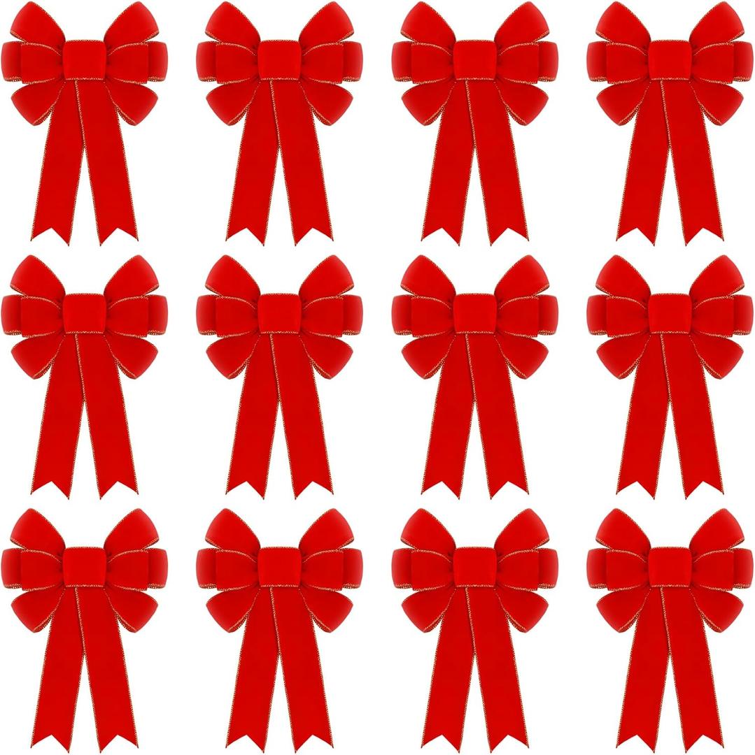 12 Pcs Red Velvet Bows for Christmas Tree Decorations, 9" X 14" Outdoor Christmas Bows Tree Topper Ornaments with Glitter Gold Edge for Wreaths Fireplace Home Party Door Xmas Holiday Decor