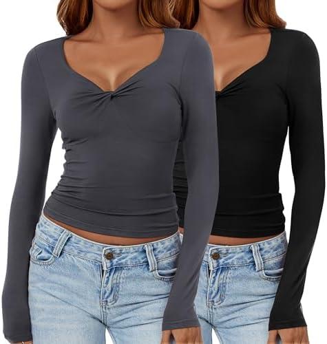 Ficerd 2 Pack Women's Long Sleeve T Shirts V Neck Twist Double Lined Crop Tops Going Out Slim Fit Trendy Tunic Tee Large, Gray/Black