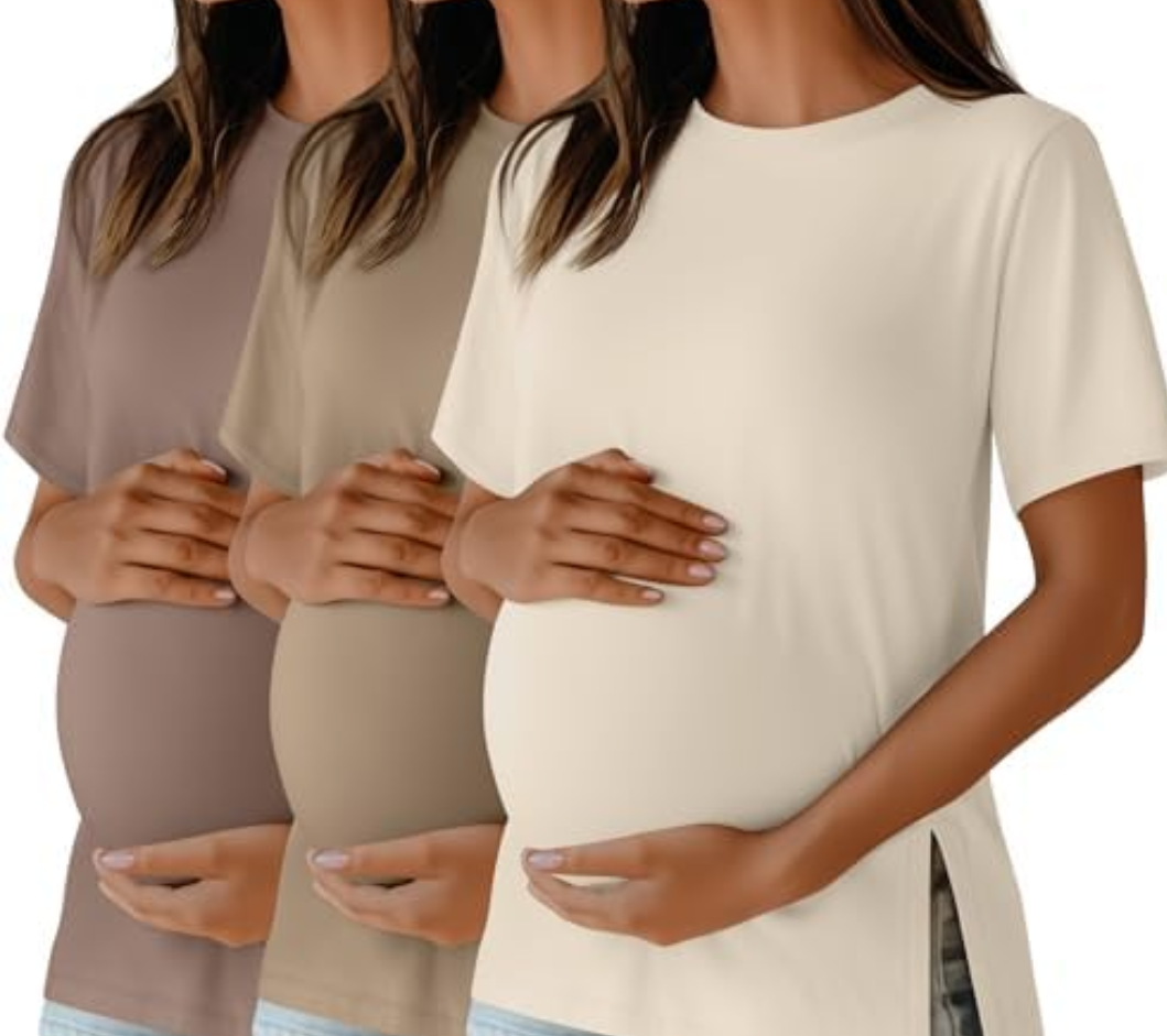 Ficerd 3 Pack Women's Maternity T Shirts, Short Sleeve Side Split Pregnancy Tops Casual Crew Neck Pregnant Tees Mama Clothes, Large