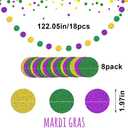 2 x 8 Strings Mardi Gras Hanging Garlands Glitter Green Purple Gold Circle Dots Garland Fat Tuesday Masquerade Paper Banner Hanging Ornaments for Backdrop Carnival Party Decorations - Single Sided
