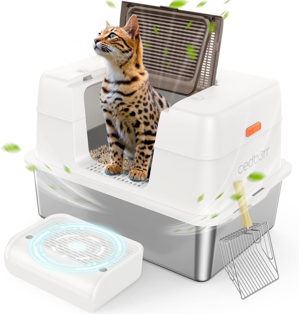 Stainless Steel Cat Litter Box with Lid,Large Enclosed High Side Metal Cat Litter Box with Pedals Suitable for Big Cats,Non-Sticky,Odor-Free,Easy to Clean Anti-Leakage(Silver)