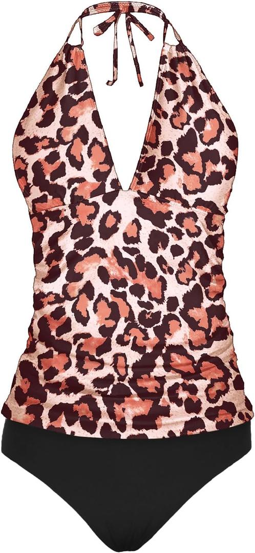Yonique Women's Two Piece Swimsuits Tummy Control Tankini Plus Size Bathing Suit Halter V Neck Swimwear, M