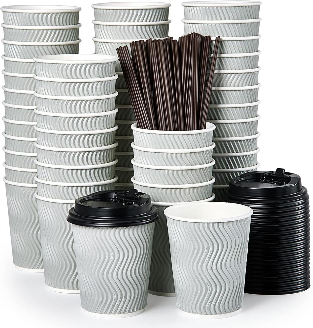 MUCHII 8 oz Disposable Coffee Cups, Paper Coffee Cups With Lids & Straws,  Insulated Ripple To Go Coffee Cups 8 oz for Tea, Hot Chocolate and Drinks (Silver grey)