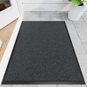 Front Door Mat, 3' x 4' Heavy Duty Indoor Outdoor Door Mat for Entryway, Commercial Door Mats Entrance, Low Profile Welcome Mats Non-Slip, Durable Rubber Backing Entry Mat for Patio, Home (Gray-stripe)