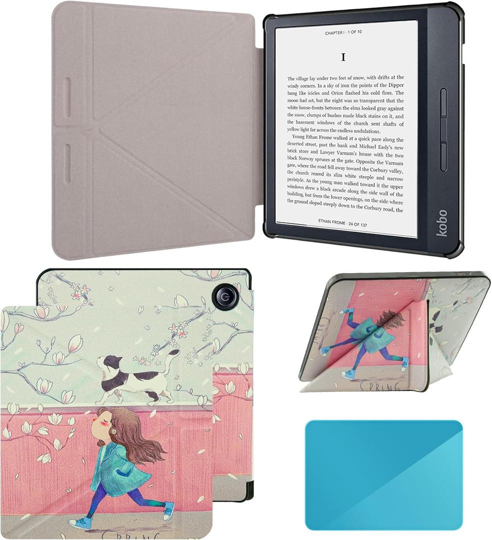 Fit for Kobo Libra H2O Case e-Reader, Lightweight Premium PU Leather Protective Cover with Auto Sleep/Wake, Black. (Cartoon Girl, One Size)