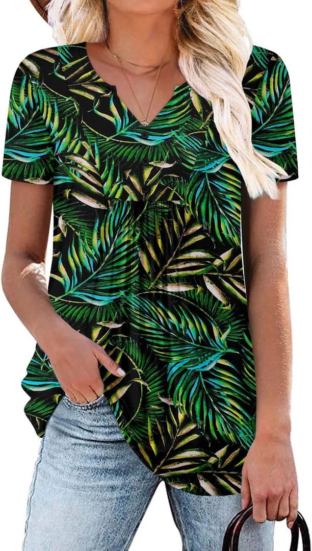 BETTE BOUTIK Womens Short Sleeve Tunics V Neck Button Down Shirts Blouse Tops Pullover S-3XL (L)