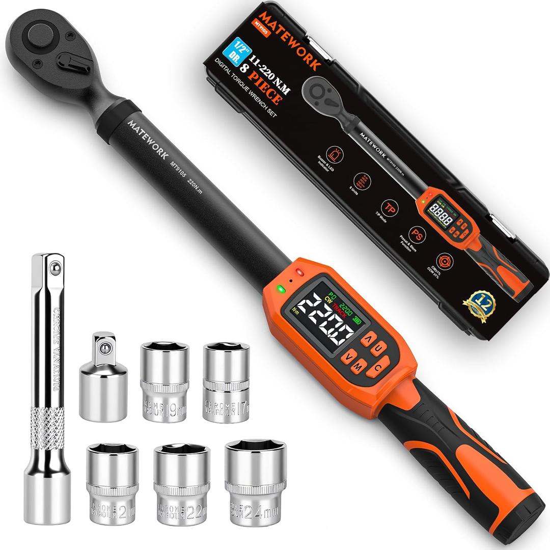 Matework Digital Torque Wrench 1/2" Drive | 8.5-160 ft.lb | 1% High Accuracy | Buzzer and LED Alert | 3-Mode & 5-Unit Switch, 8PCS Digital Torque Wrench Set for Motorcycle, Car Maintenance