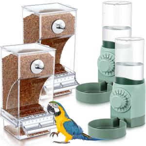 Jingmore 4 Pcs No Mess Small Bird Feeder Parakeet Water Dispenser Set Automatic Clear Parakeet Feeder Acrylic Watered Cage Accessories for Canary Budgie Lovebirds Finches(Green)