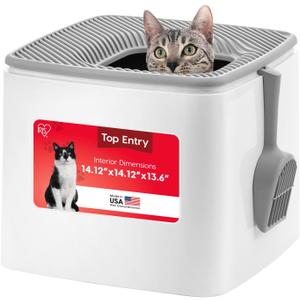 IRIS USA Cat Litter Box Top-Entry Square Top Entry Litter Box with Scoop, Enclosed Litterbox with Odor Control, Dog Proof Covered Litter Box Design, Easy to Clean, White/Gray