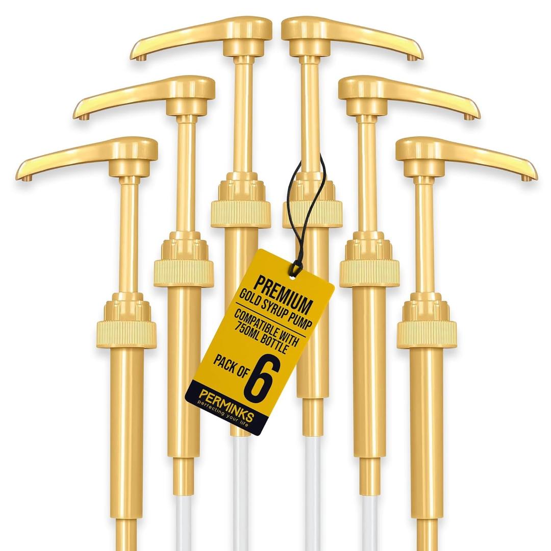6 pack Coffee Syrup Pump Dispenser (Gold) - Compatible with Torani, Davinci and Skinny Syrup Bottles (750 ml 25.4 oz Bottles)