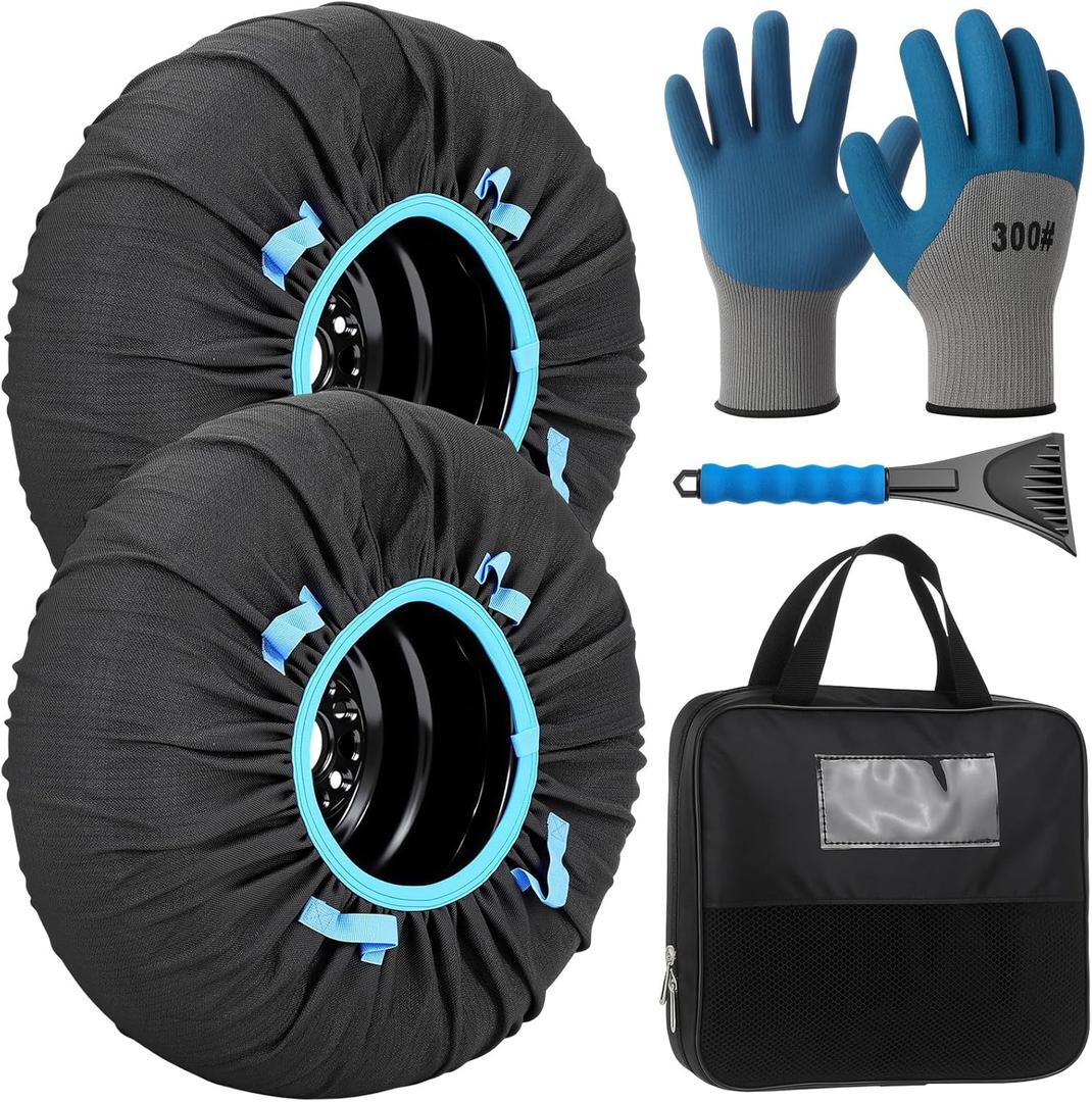 4 Pack Automotive Snow Socks for Tire, Traction Aid Anti Slip Tire Covers Chain with Ice Scraper Gloves, Universal Emergency Winter Kit for Cars Suvs Trucks Quick Fit Easy Installation (XL)