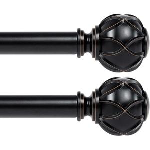 KAMANINA 1 Inch Curtain Rod Telescoping Single Drapery Rod 28 to 48 Inches (2.3-4 Feet), 2 Pack Black Curtain Rods for Windows 16 to 44 Inches, Netted Texture Finials