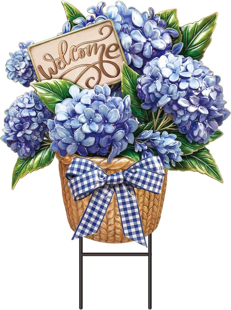 Amyhill Spring Outdoor Decor Hydrangea Metal Garden Stakes 25 Inch Decorative Hydrangea Yard Signs with Stakes Waterproof Floral Lawn Sign Welcome Outdoor Decorations for Patio Porch Lawn Backyard