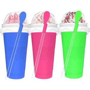 3PCS Slushie Maker Cup, Quick Frozen Magic Cups for Homemade Milk Shake Ice Cream Maker, Double Layer Squeeze Slushy Maker Cup, Birthday Gifts for Kids,Friends,Family (Pink+Bule+Green) (350ML)