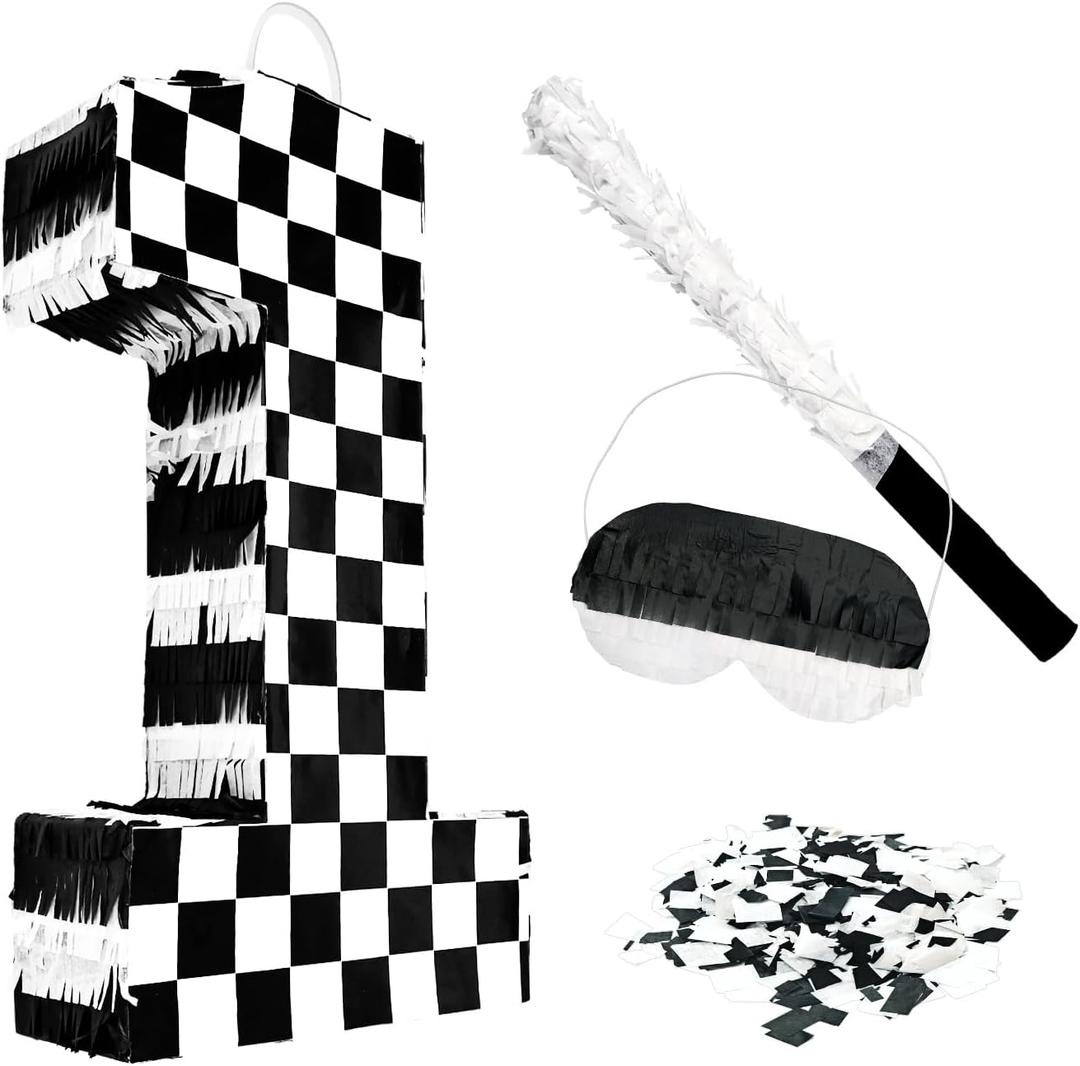 Checkered Number 1 Pinata with Stick and Blindfold Black and White Race Car Pinata for Kids 1st Birthday Anniversary Racing Car Party Supplies